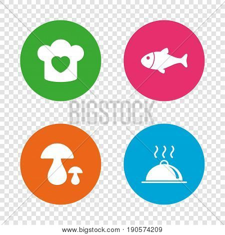Chief hat with heart and cooking pan icons. Fish and boletus mushrooms signs. Hot food platter serving symbol. Round buttons on transparent background. Vector