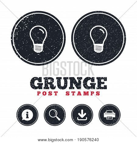 Grunge post stamps. Light bulb icon. Lamp E27 screw socket symbol. Led light sign. Information, download and printer signs. Aged texture web buttons. Vector