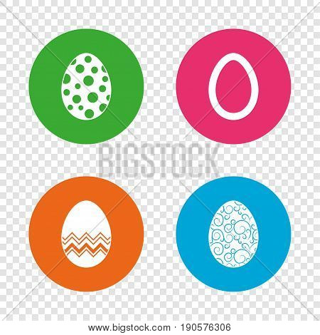 Easter eggs icons. Circles and floral patterns symbols. Tradition Pasch signs. Round buttons on transparent background. Vector