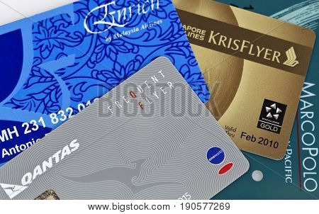 BRISBANE, AUSTRALIA - JUNE 3, 2017: Illustrative editorial collage showing a number of frequent flyer cards from major world airlines