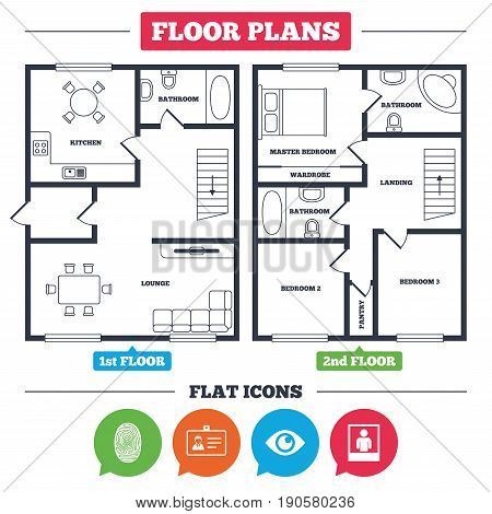 Architecture plan with furniture. House floor plan. Identity ID card badge icons. Eye and fingerprint symbols. Authentication signs. Photo frame with human person. Kitchen, lounge and bathroom. Vector