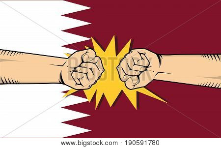 Qatar Protest With Hand Fist Clash Fight With Qatar Flag As Background Vector