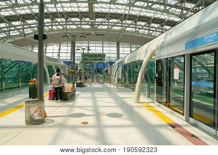 INCHEON, SOUTH KOREA - CIRCA MAY, 2017: Maglev Station Platform in Incheon International Airport.