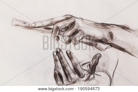 Drawing hand and flute, pencil sketch on paper