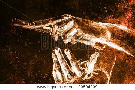 Drawing hand and flute, pencil sketch on paper, sepia and vintage effect
