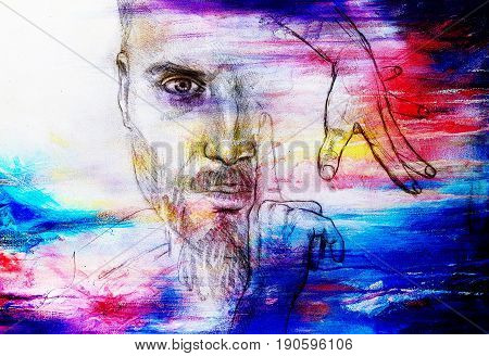 Mystic man and hands. pencil drawing on old paper. Color effect