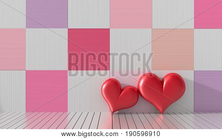 Two red hearts in the room. The wood walls are decorated with bright colors and variety. Rooms of Love on Valentine`s Day. Background and interior. 3D render.
