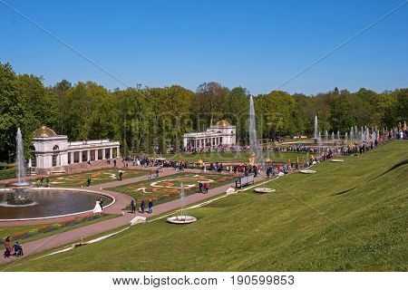 Petergof, Russia - June 5, 2017: Voronikhinsky colonnades at Pertergof Palace. They close the parterres in front of the Great Palace on the north side and accent the entrance to the Sea Canal.