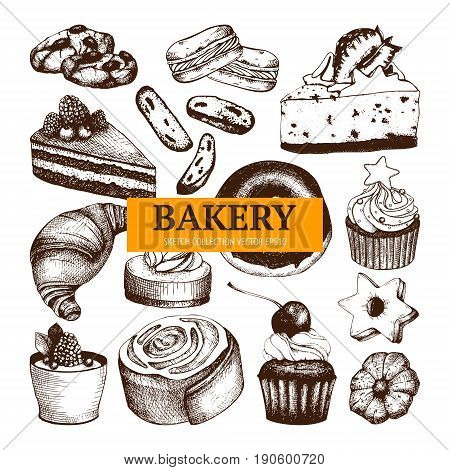 Vector collection of ink hand drawn breads and pastries illustration for restaurant or bakery menu.