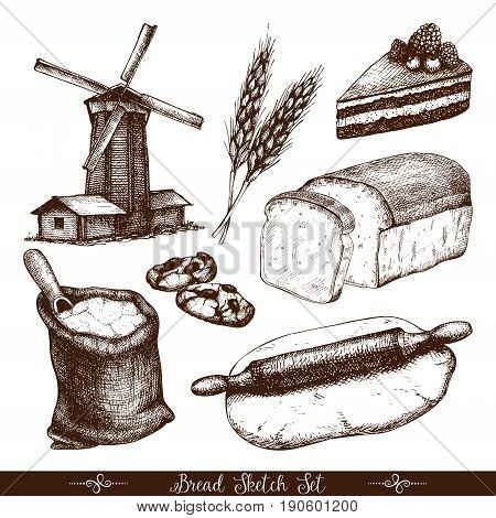 Vector set of ink hand drawn bread illustration isolated on white.