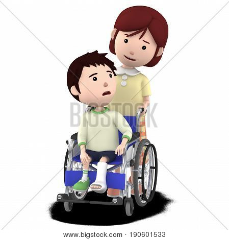 A boy with a cast sitting on a wheelchair and a mother serving ,3D illustration
