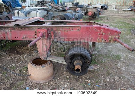 Abandon for years and old trucks rusts. The old truck graveyard. Interior of abandoned old car