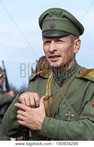 Brusilovsky breakthrough, the historic festival the First world war, Moscow, 2 Oct 2016. Portrait of a soldier of the Russian army.