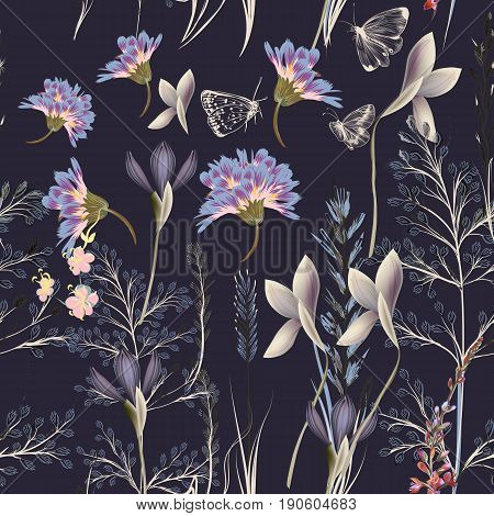 Flower vector pattern with plants. Vintage provance style on blue