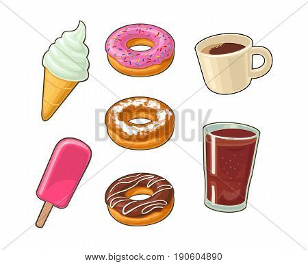 Set of sweet and cup of coffee and cola. Donut, ice cream in the cone, pink popsicle on wood stick. Vector flat illustration for poster, menu, web and icon. Isolated on white background.