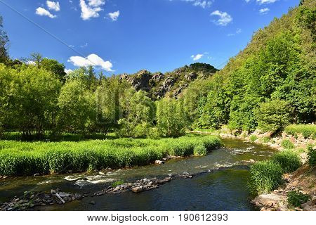 Oslava River. Beautiful Landscape. Natural Scenery With Sky And Clouds. Czech Republic, Europe.