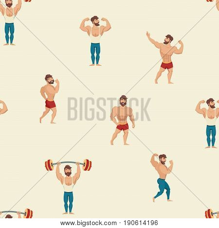 Sport and gym vector pattern. Hand draw backdrop with muscular bearded mans illustration. Cartoon seamless background. Wallpaper with fitness models posing bodybuilding