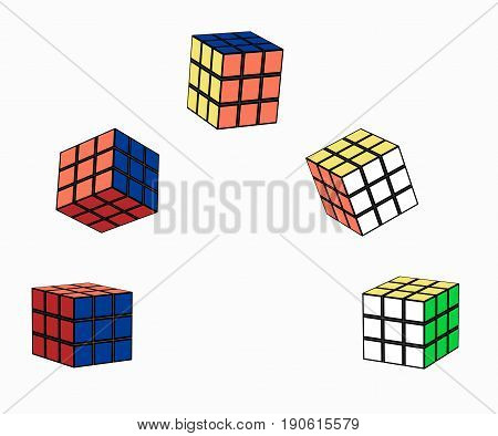Different variants of the cube in flight. The intellectual jigsaw square 3x3. Vector illustration of puzzle. Horizontal location. Isolated on white background.