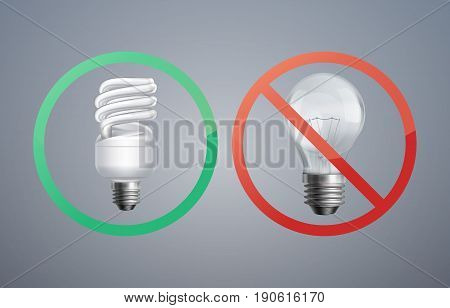 Vector illustration concept fluorescent lamp against incandescent light bulb for energy saving