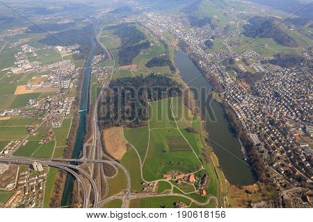 Lucerne Luzern Highway Interchange Crossroad Emmen Switzerland Aerial View Photography