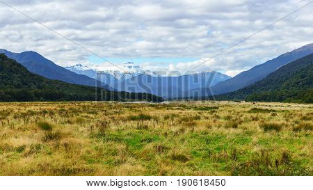 Panoramic beautiful scenery of Mount Cook / Aoraki in Autumn South Island of New Zealand
