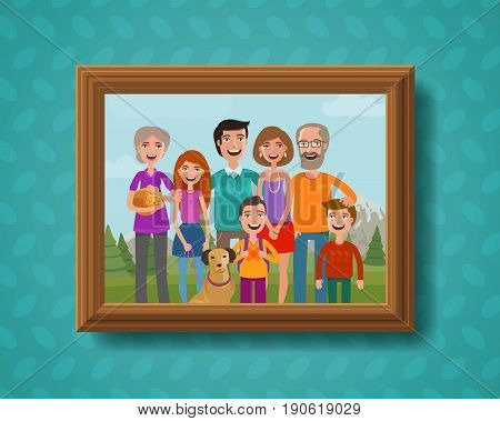 Family photo on wall in wooden frame. Family vacation. Cartoon vector illustration