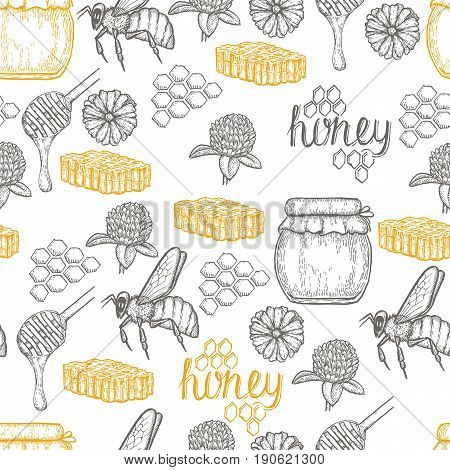 Honey making hand drawn vector seamless psttern. Honey jar, bee, honey stick, clower and honeycomb sketches isolated on white background.