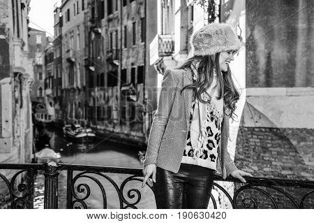 Tourist Woman In Venice, Italy In Winter Having Excursion