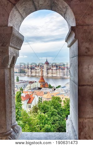 Parliament and riverside in Budapest Hungary. View from Fishermens bastions windows.