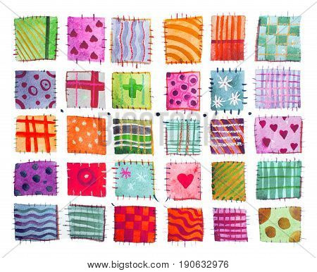 Flower print, patchwork, set of colorful prints patterns watercolor drawing.