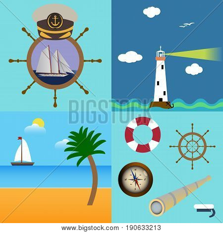 Four sea set with description of lighthouse, boat on beach with palm and clouds, illustration of boat inside helm with captain hat and sea icon set vector illustration