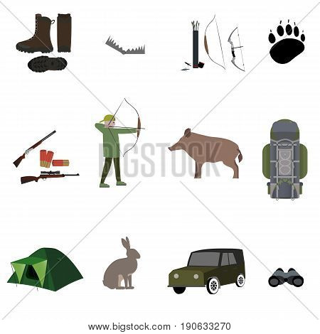 Hunting equipment, hunting rifle, suit, shotgun, boots, trap. bows with arrows, animals, camp tent and bag, binocular. Vector illustration isolated on white background