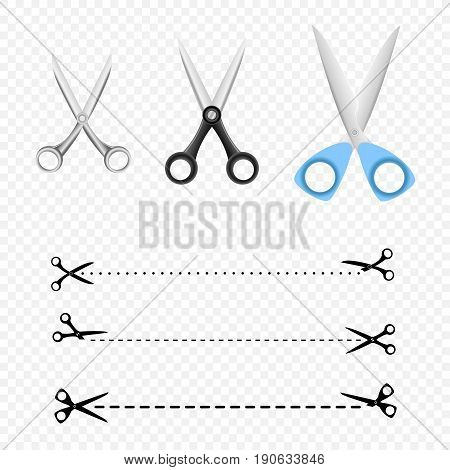 Different scissors set collectoin and scissor cutting line silhouette on transparent background