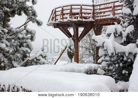 Winter ski chalet and cabin in snow mountain