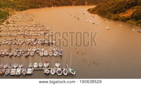 Pier of yachts and ships in Rochefort - en - Terre. River in Brittany. France
