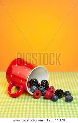 Cup with scuttered berries on the table