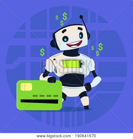 Cute Robot Hold Credit Card Mobile Payment Online Shopping Modern Artificial Intelligence Technology Concept Flat Vector Illustration