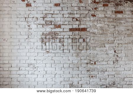 Empty Old Brick Wall Texture. Painted Distressed Wall Surface. Grungy Wide Brickwall.