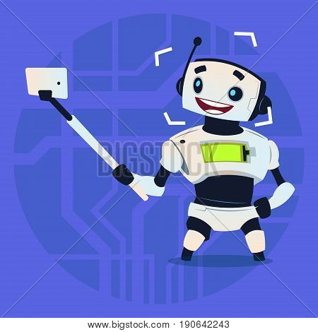 Cute Robot Taking Selfie Photo Modern Artificial Intelligence Technology Concept Flat Vector Illustration