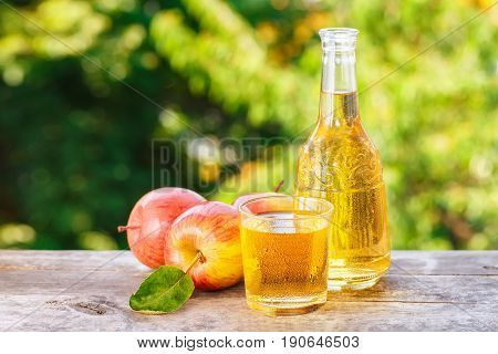 apple cider or juice in glass with ripe fresh apples on wooden table with green natural background. Horizontal shot with copy space. Refreshing summer drink