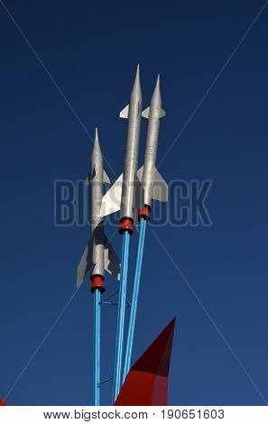 Tulip and missiles.Simbol of Priozersk-former Soviet  anti-ballistic missile testing range Sary Shagan.May 11, 2017.Priozersk.Kazakhstan