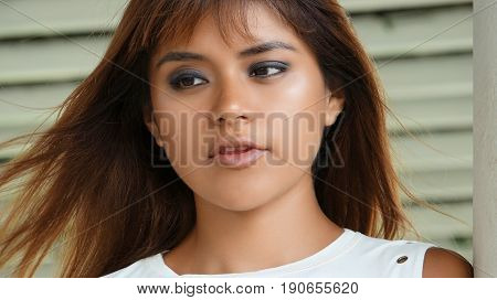 Worrisome Beautiful Girl With Long Brunette Hair
