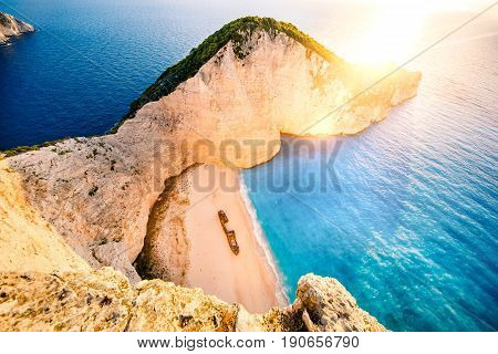 Sunrise on Navagio. Shipwreck bay, Zakynthos island, Greece. Panorama.