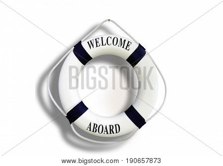 White Color Life Buoyancy With Welcome Aboard Isolated On White Background.