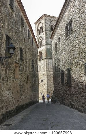 Torre Julia of Church of Santa Maria la Mayor Trujillo Spain. View from downtown street