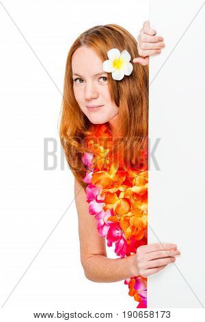 Woman With A Plumery In Red Hair With A White Blank Poster On A White Background
