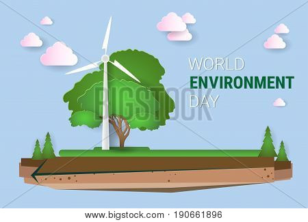 Nature Landscape With Wind Turbine World Environment Day Ecology Protection Holiday Greeting Card Flat Vector Illustration