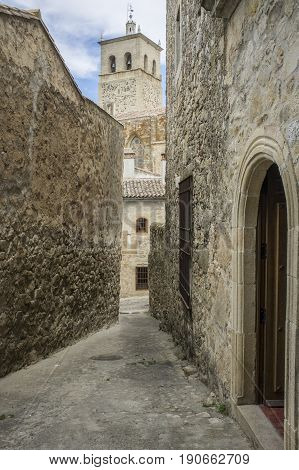 Torre Nueva of Church of Santa Maria la Mayor Trujillo Spain. View from downtown street