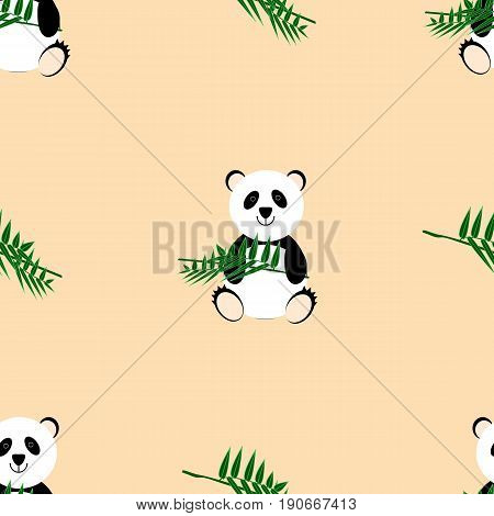 Cute panda on a beige background with a bamboo branch in the paws. Seamless pattern for wrapping paper background image printed products and textiles