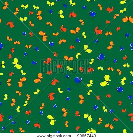 A flock of bright cartoon multicolored fluttering butterflies on a dark green background. A seamless pattern for packaging paper textiles printed products and background images